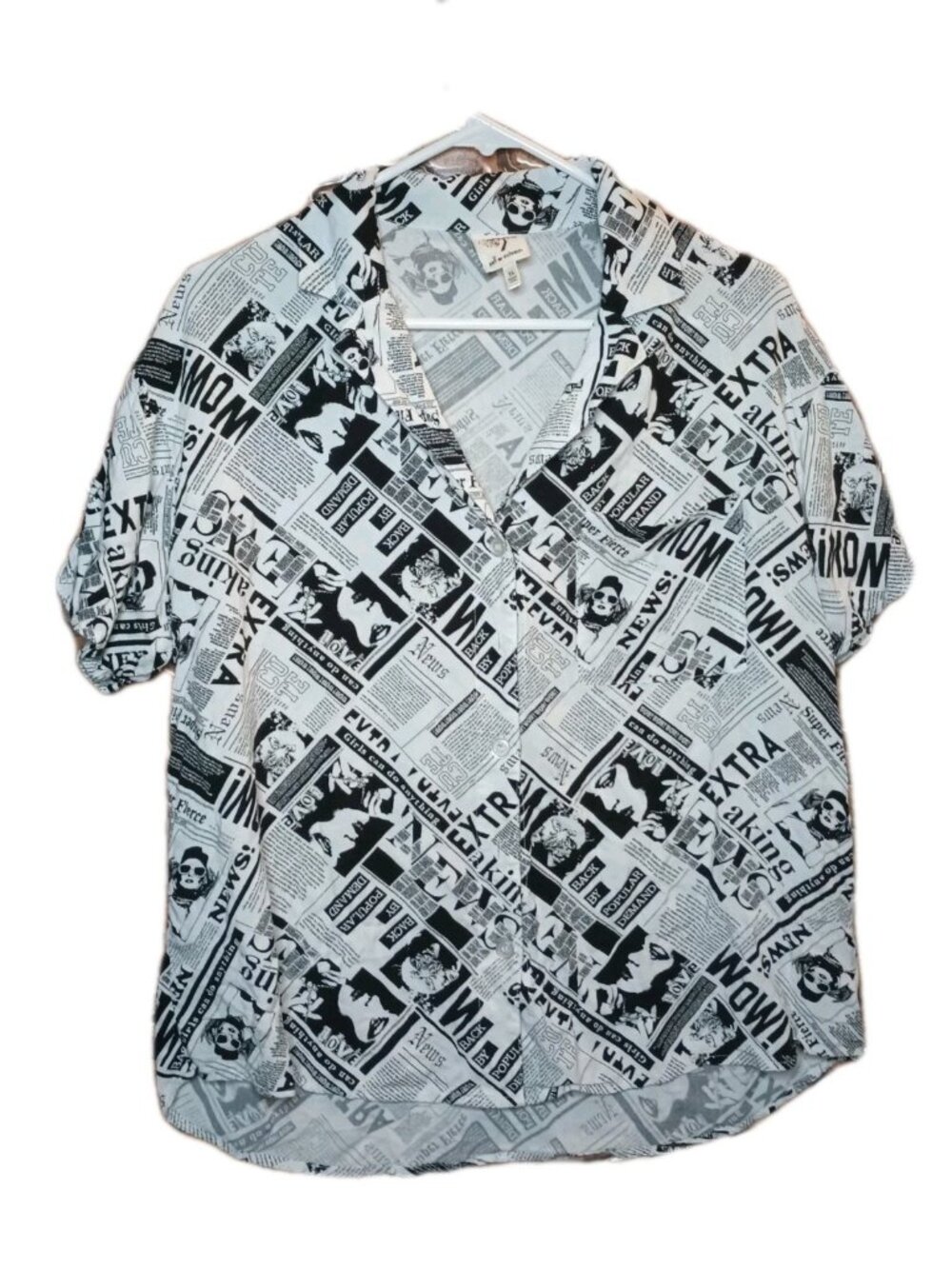 Y2K Self Esteem Newspaper Print Button Down Shirt Short Sleeve Women's Sz XL VTG